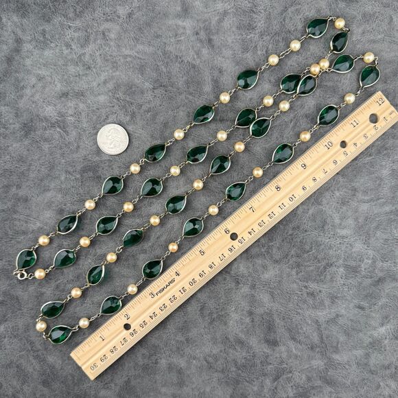Long Vintage Necklace Gold-Tone Chain Green Teardrop Glass Bezel Faux Pearl  50” - Picture 7 of 12